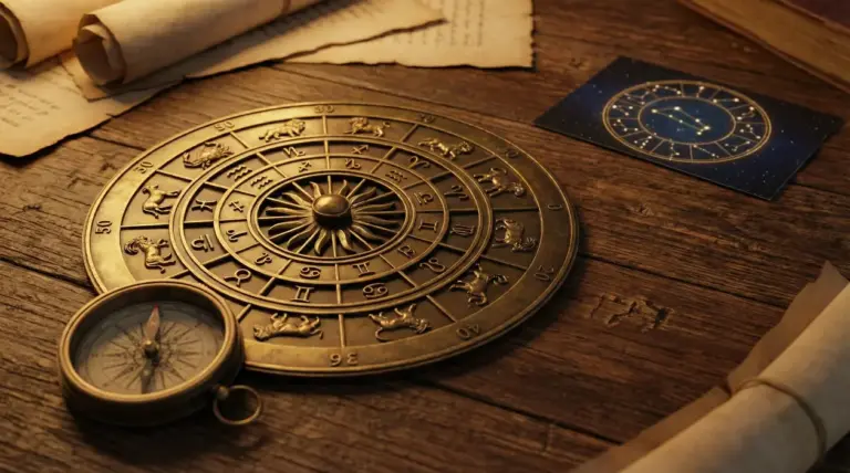 Oroscopo zodiacale in bronzo su tavolo di legno con bussola e pergamene antiche