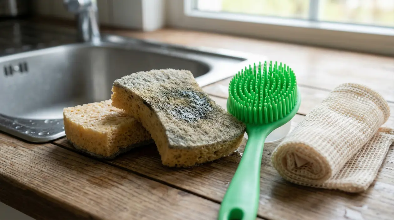 Spugne da cucina sporche accanto a una spazzola in silicone verde e un panno sul lavandino