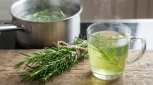 Tazza di tisana al rosmarino con ramoscello fresco e pentola sullo sfondo