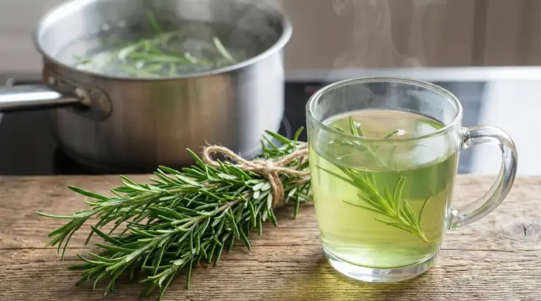 Tazza di tisana al rosmarino con ramoscello fresco e pentola sullo sfondo