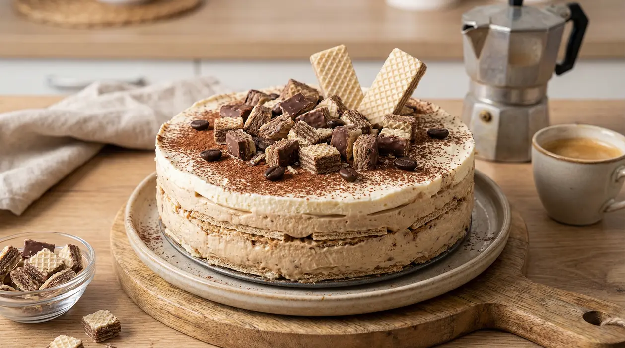 Torta fredda al caffè decorata con wafer e polvere di cacao su un piatto di legno