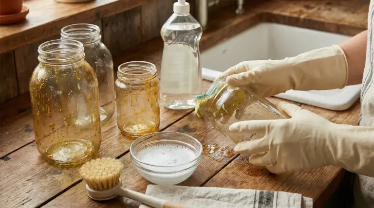 Mani con guanti che puliscono un barattolo di vetro unto su un piano cucina