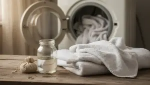 Asciugamani bianchi piegati vicino a una lavatrice aperta con un barattolo di vetro e un sacchetto di stoffa