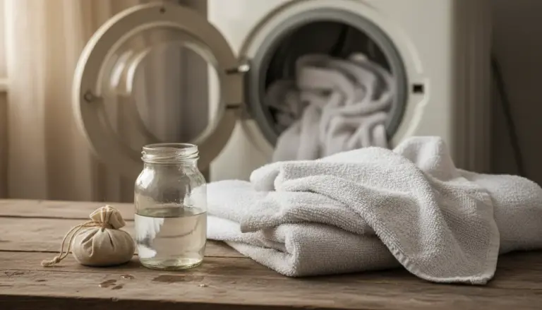Asciugamani bianchi piegati vicino a una lavatrice aperta con un barattolo di vetro e un sacchetto di stoffa