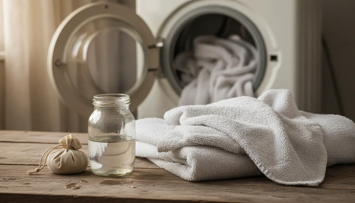 Asciugamani bianchi piegati vicino a una lavatrice aperta con un barattolo di vetro e un sacchetto di stoffa