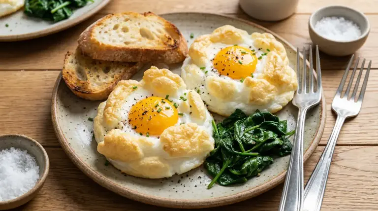 Uova alla Jova servite con spinaci saltati e fette di pane tostato su un piatto in ceramica.
