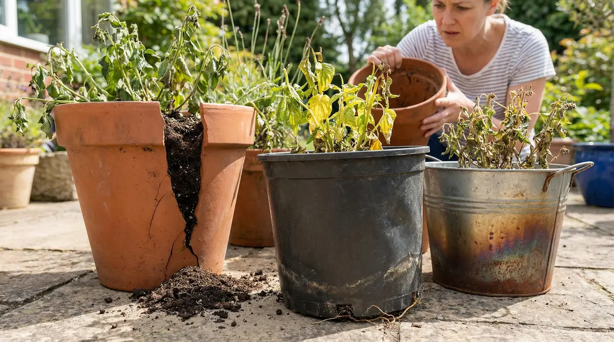 Vasi da esterno rotti o inadatti con piante appassite su un patio