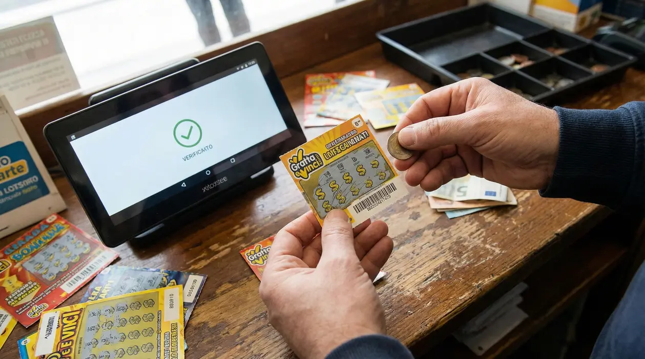 Mani che tengono un gratta e vinci e una moneta davanti a un dispositivo di verifica