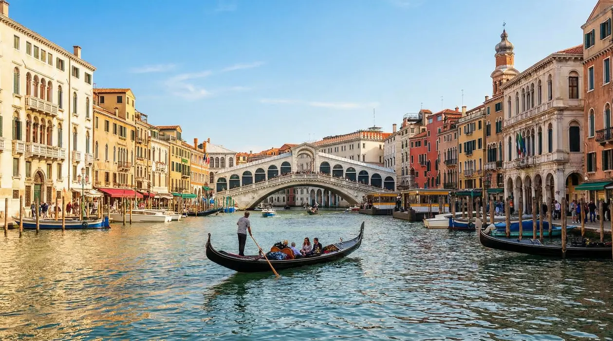 Gondola sul Canal Grande con vista sul Ponte di Rialto a Venezia