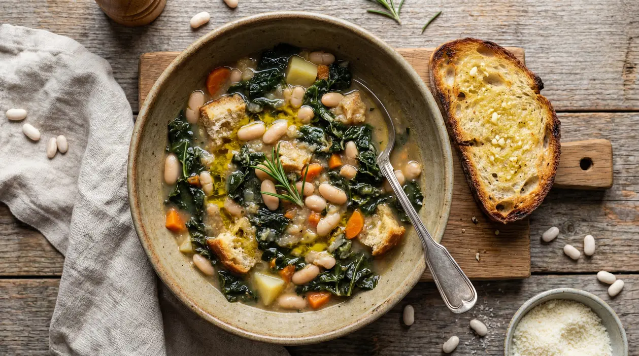 Zuppa toscana con cavolo nero, fagioli e crostini in una ciotola di ceramica su tavolo rustico